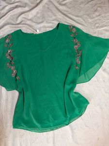 Emerald Green Embellished Flutter Sleeve Top