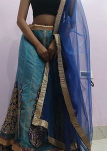 Turquoise blue Net Lehenga, Blouse, Dupatta Set