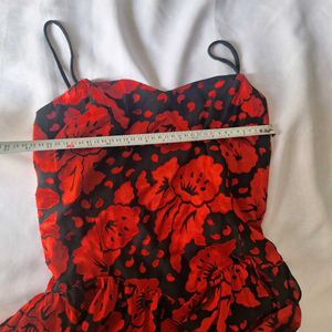 Red &amp; Black Floral Print Corset waist Dress