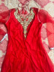 Red Embellished Anarkali Set