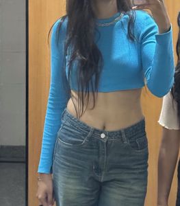 Blue Long Sleeve Cropped Top
