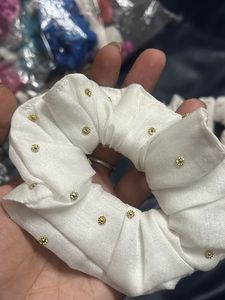 Set of 3 White Scrunchies with Gold Studs