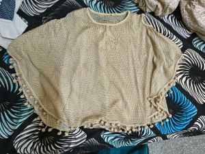 Beige Crochet Poncho Top with Pom Poms