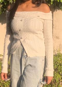 Chic White Cable Knit Off-Shoulder Top