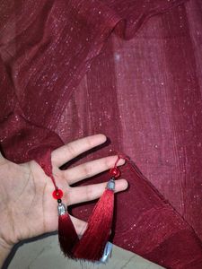 Elegant Red Shimmer Scarf with Tassels