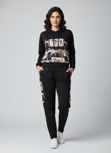 Stylish Black Tracksuit with Horse Print