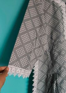 Elegant Grey Printed Kurti with Lace Detail Gown