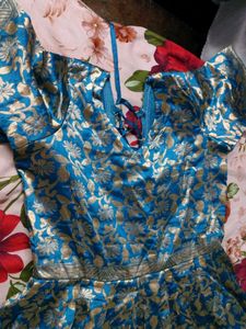 Blue Ethnic Gown with Gold Print