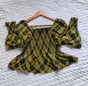Smocked Plaid Off-Shoulder Top