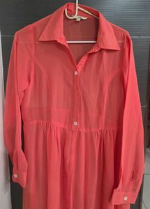 Coral Sheer Button-Down Maxi Dress