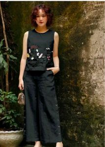 Black cord Set with Floral Embroidery