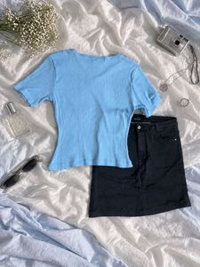 Light Blue Ribbed V-Neck Top