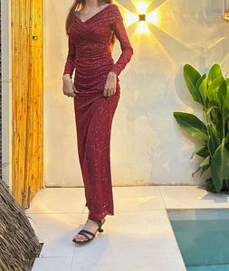 Maroon Embellished Off Shoulder Dress