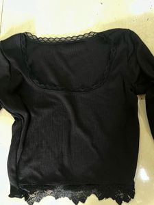 Black Lace Trim Long Sleeve Ribbed Top