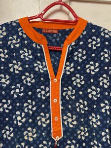 Blue Floral Kurti With Orange Design On Neck
