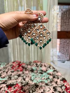 Elegant Kundan Earrings with Green Beads