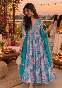3 pc Floral Print Anarkali Kurta Set with Dupatta