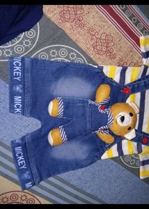 Cute Teddy Bear Denim Overalls Set