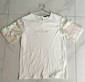 White C'est La Vie Sequin Sleeve Top