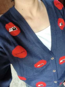 Navy Blue Cardigan with Red Accents