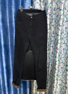 Black Denim Jeans with Leopard Print Cuffs