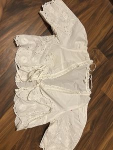 White Embroidered Wrap Top