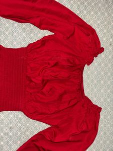 Red Smocked Long Sleeve Top