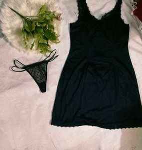 Black satin slip  nighty with thong👍