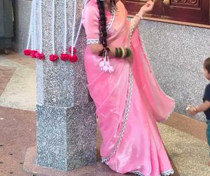Elegant Pink Saree with White Border
