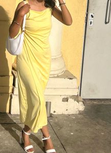 Chic Lemon Yellow Square Neck Midi Dress