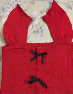 Red Cropped Top with Bow Details