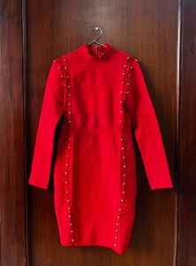Red Studded Long Sleeve Mini Dress