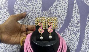 Elegant Pink Kundan Necklace Earring Set