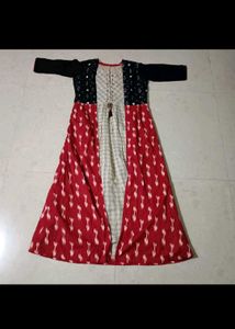 Boho Red Ikat Print Maxi Dress with Black Sleeves