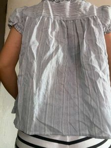 Striped Ruffle Neck Tie-Up Top