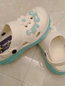 Cute White &amp; Teal Clogs with Flower Charms