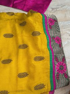Vibrant Yellow Saree with Floral Border
