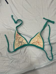 Teal Bikini Top with Floral Embroidery