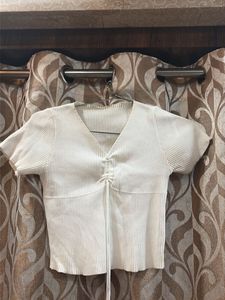 White Ribbed V-Neck Top
