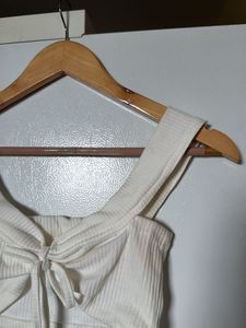 Cream Ribbed Tie-Front Crop Top