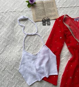 SHEER Red Kurti with White halter Neck Blouse