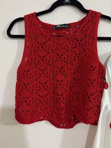 Crochet top with cherry print skirt 🍒