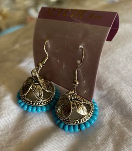 Oxidised Silver Jhumki Earrings with Blue Bead