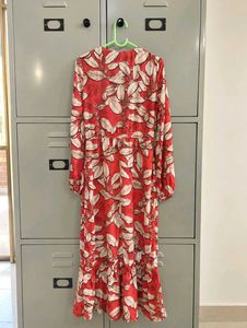 Vibrant Orange Leaf Print Maxi Dress