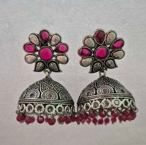 Customized Oxidised JhumkaEarrings with Pink Stone