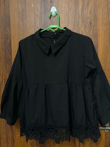 Chic Black Lace Trim Peplum Top