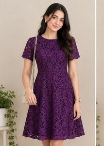 Purple Floral Lace Fit & Flare Dress with Side Zip