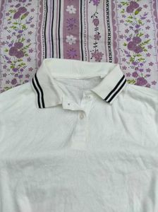 White Cropped Polo Shirt with Stripes