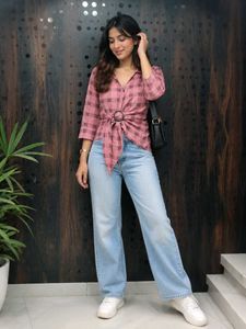 Pink Plaid Tie-Front Shirt
