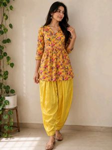 Yellow Floral Kurta with Dhoti Pants